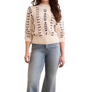 Tribal Moonstone Cable Knit 3/4 Sleeve Mock Neck Sweater Cream Navy Medium $122